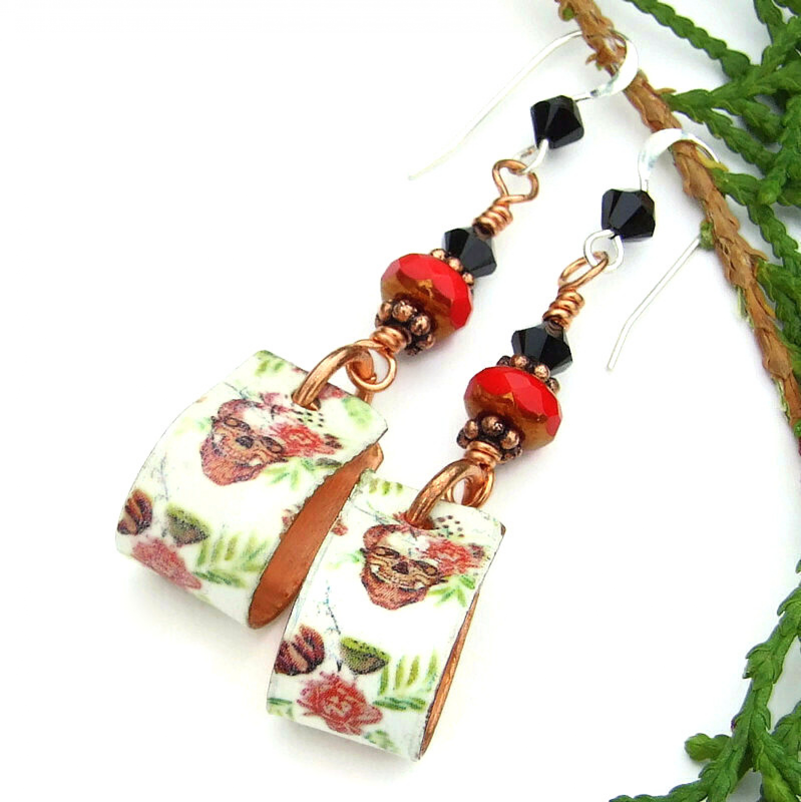 Skulls Roses Hoop Earrings, Day of the Dead Halloween Handmade Jewelry