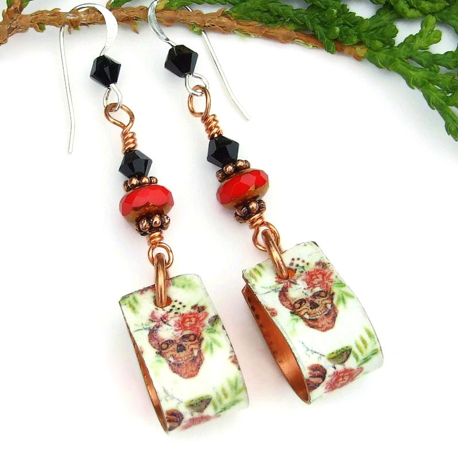 Skulls Roses Hoop Earrings Day Of The Dead Halloween Handmade