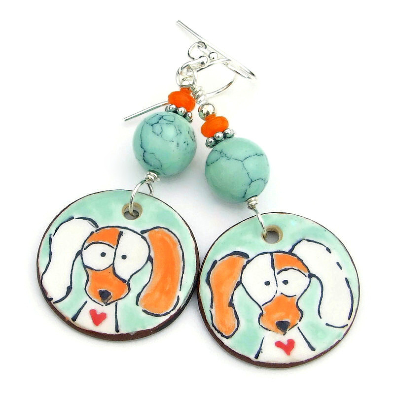 Dogs Hearts Earrings, Aqua Orange Ceramic Handmade Dog Lover Jewelry ...