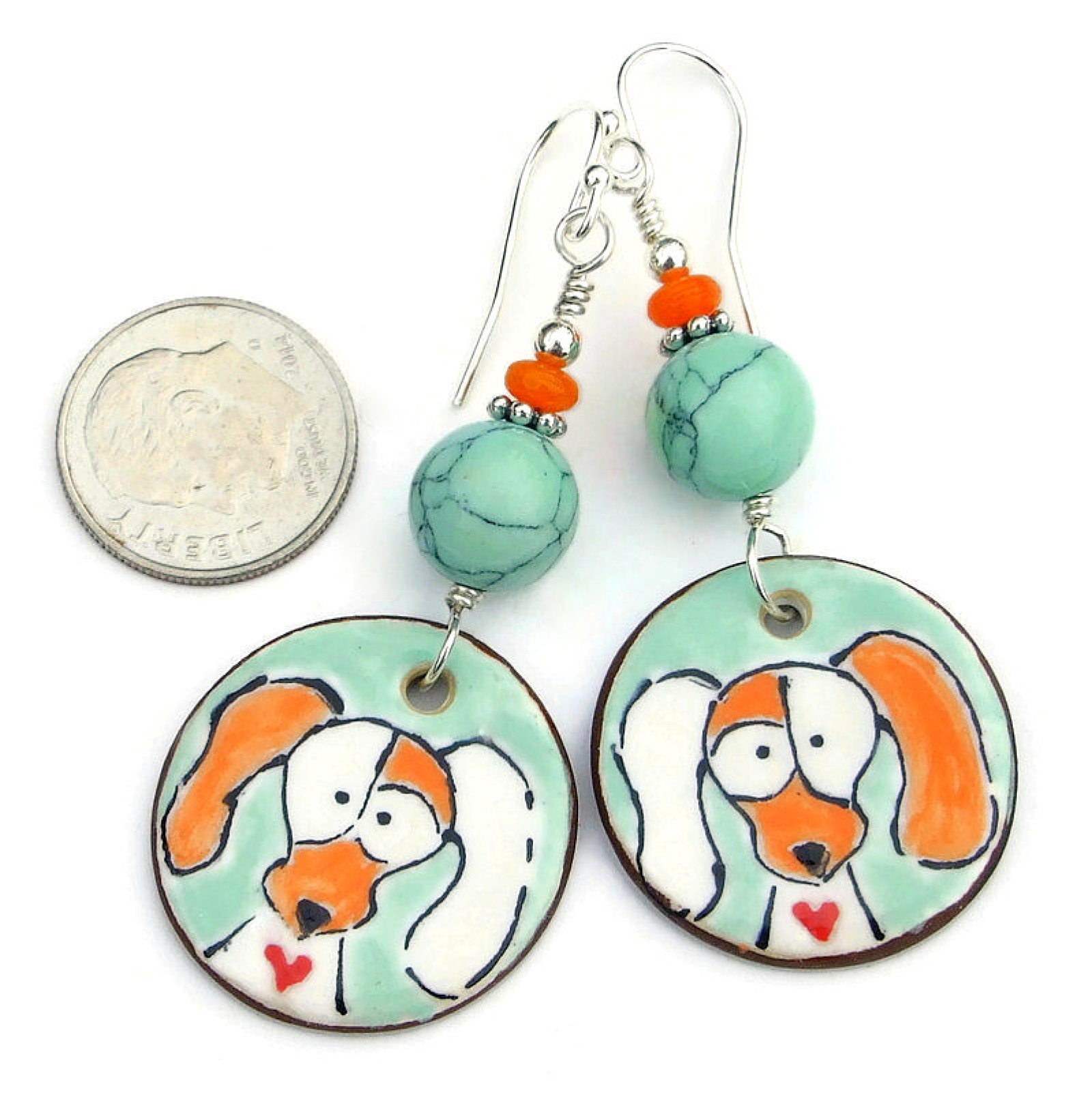 Dogs Hearts Earrings, Aqua Orange Ceramic Handmade Dog Lover Jewelry ...