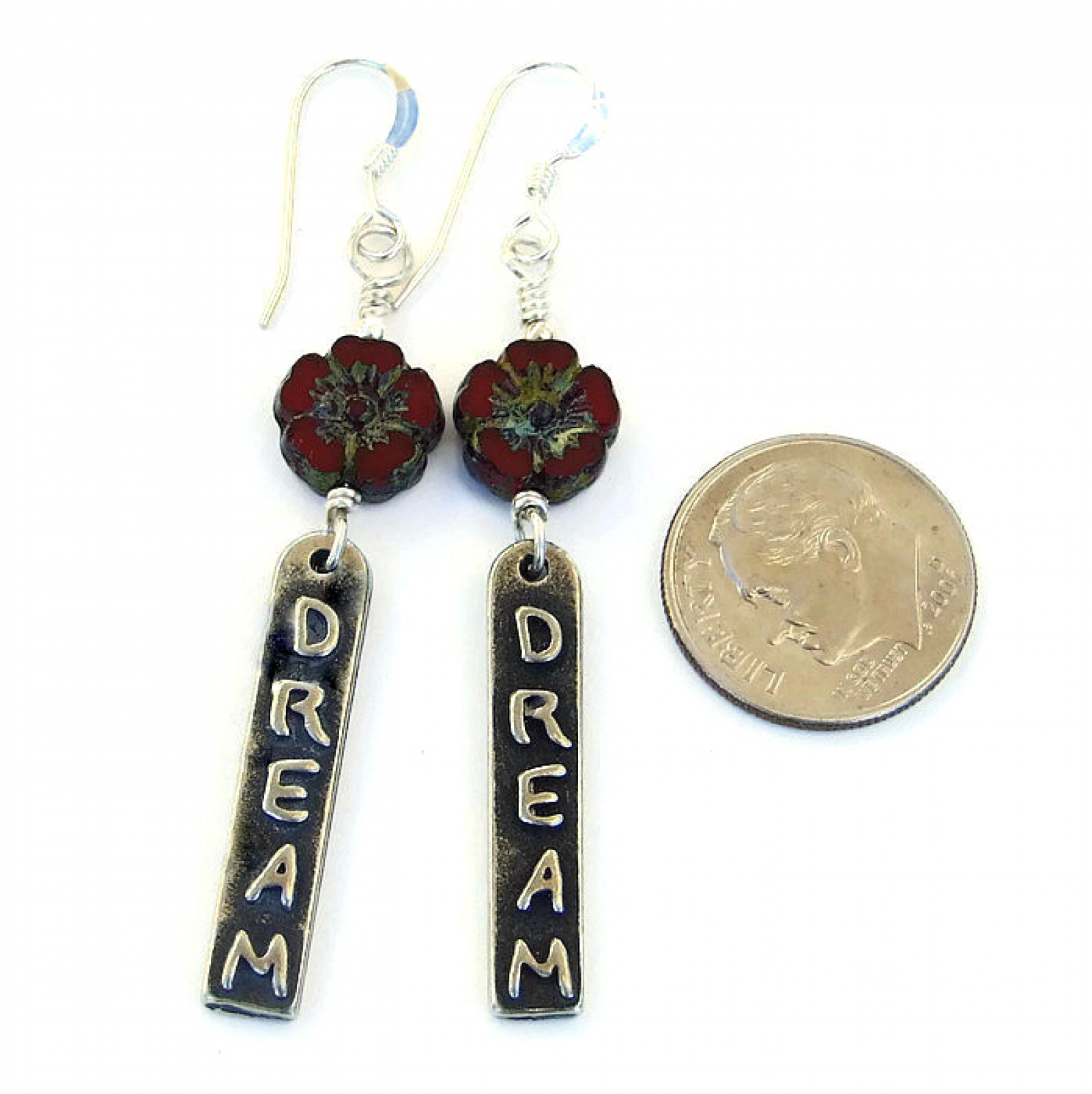 Dream Inspirational Word Earrings Red Flower Boho Handmade Jewelry Dream Earrings Gift Idea For Women