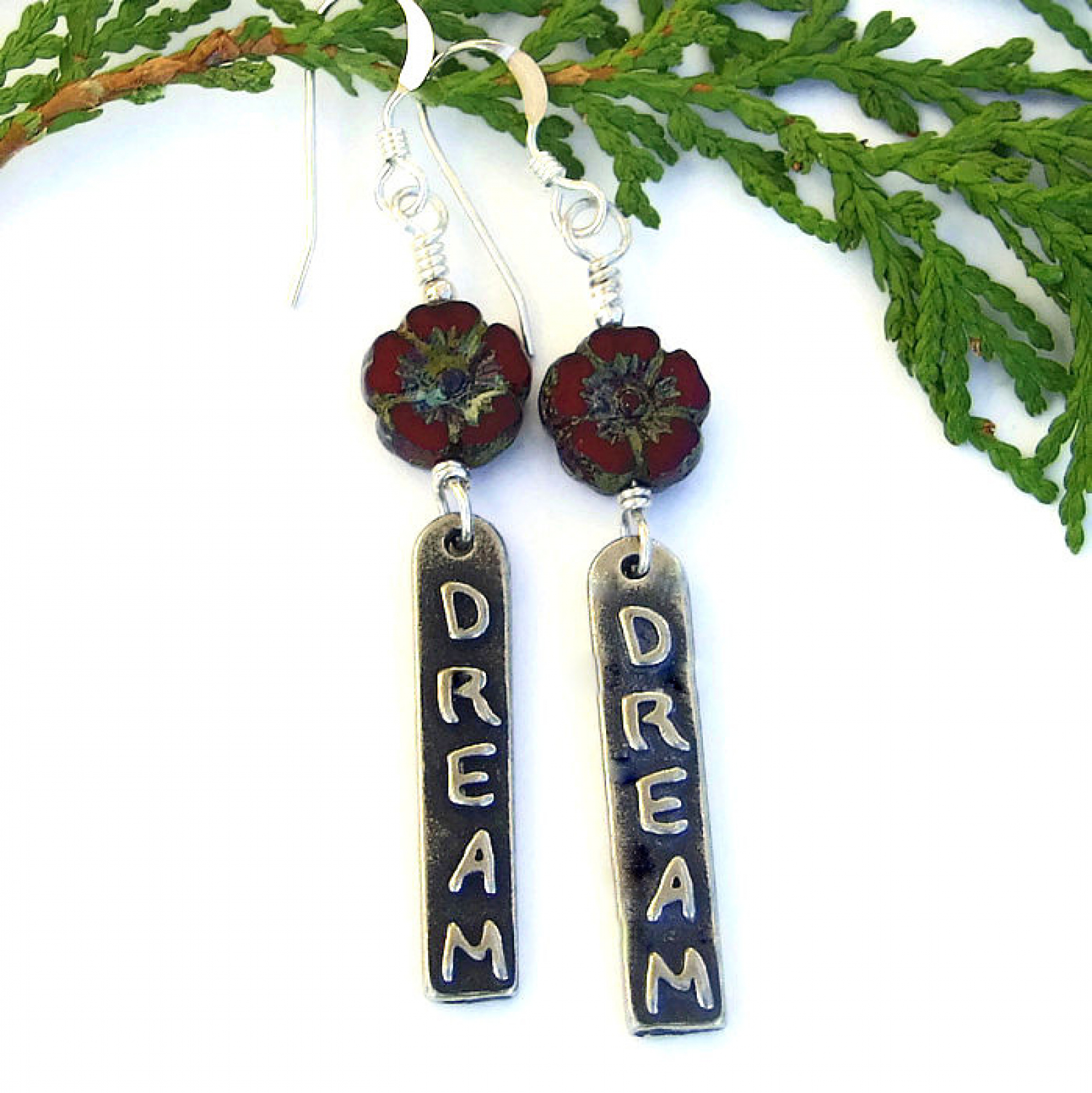 Dream Inspirational Word Earrings Red Flower Boho Handmade Jewelry Dream Earrings