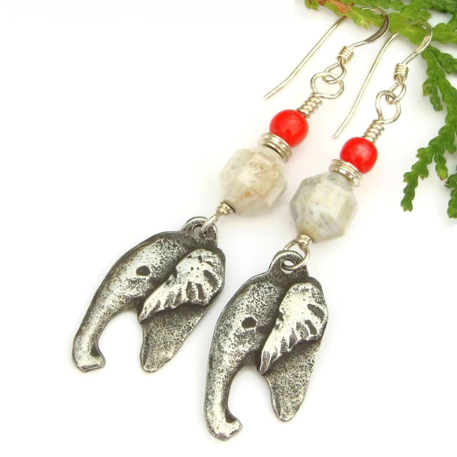 Elephant Earrings Pewter Fossil Jasper Coral Handmade Jewelry Gift Shadow Dog Designs