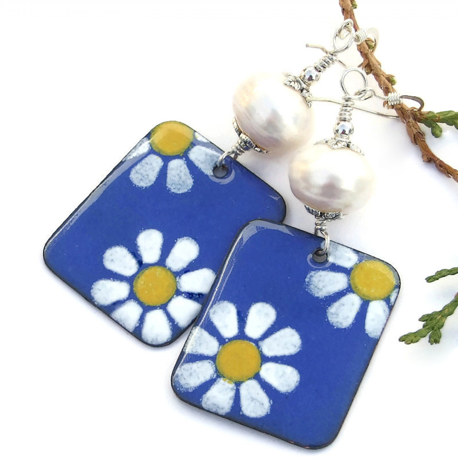 Daisy Flower Earrings, White Yellow Blue Pearls Handmade Jewelry Gift