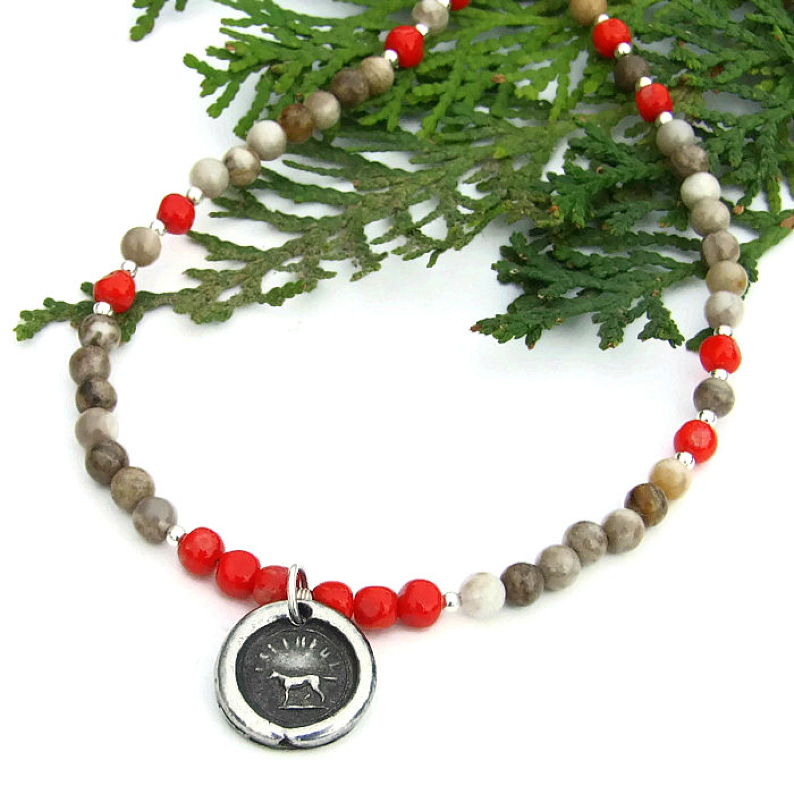 Faithful Dog Lover Necklace, Pewter Jasper Red Coral Handmade Jewelry