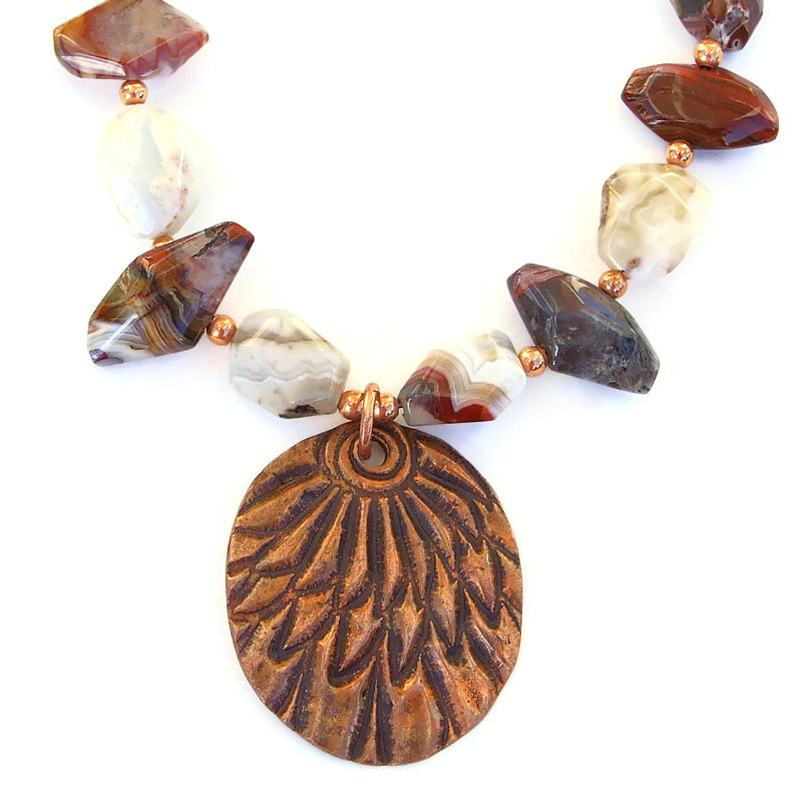 Copper Feather Necklace, Mixed Agate Gemstones Earthy Handmade Jewelry ...