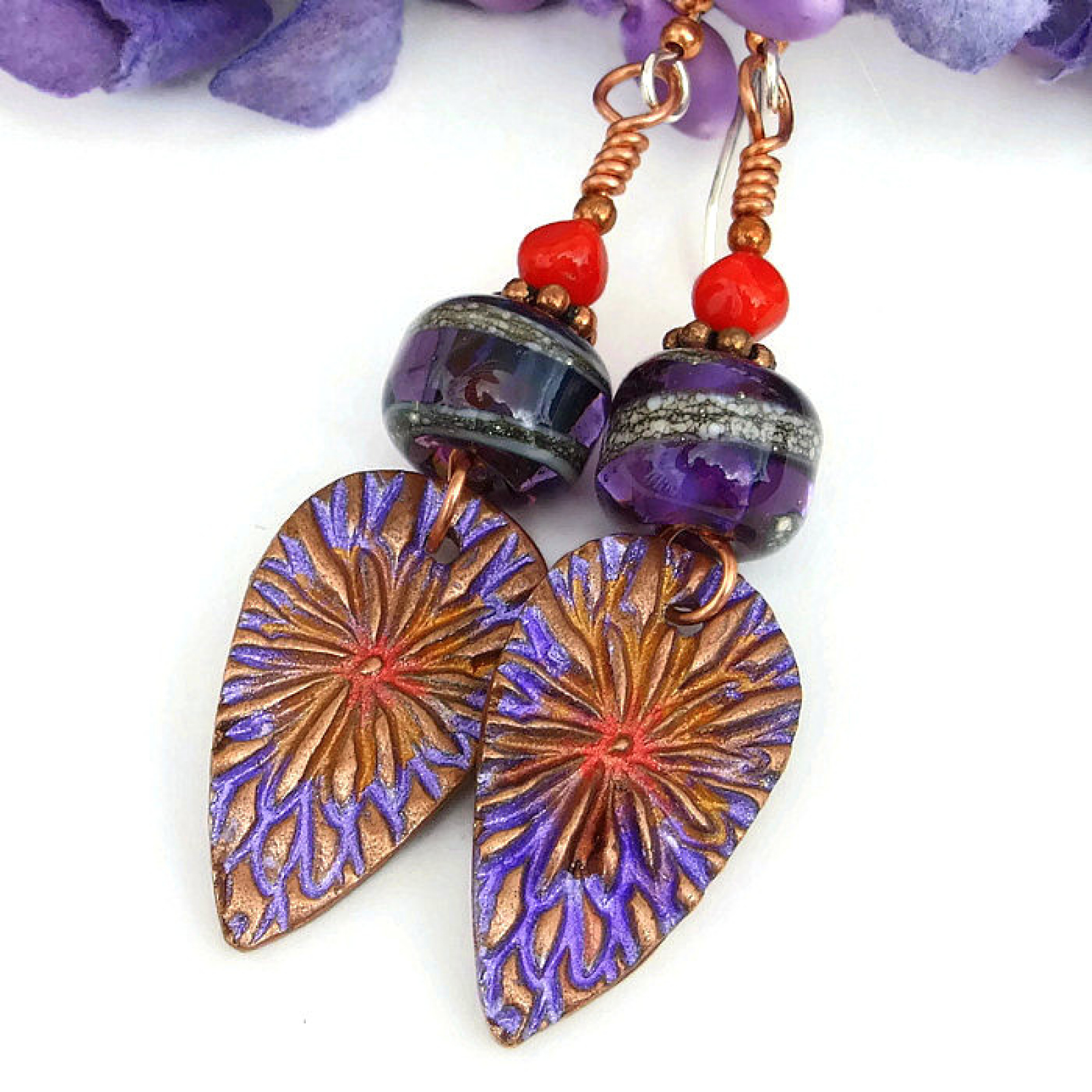 Purple Red Flower Earrings Boho Copper Fl Lampwork C Flower Earrings Purple