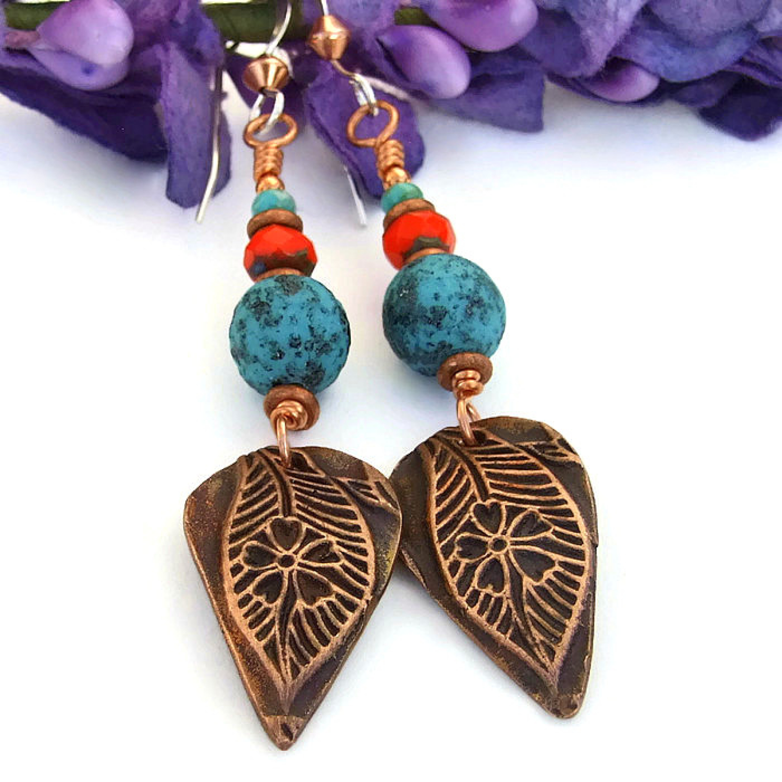 Leaf Flower Earrings Handmade Jewelry Gift Copper Turquoise Orange Leaf Flower Earrings Handmade Jewelry Gift Copper Turquoise Orange