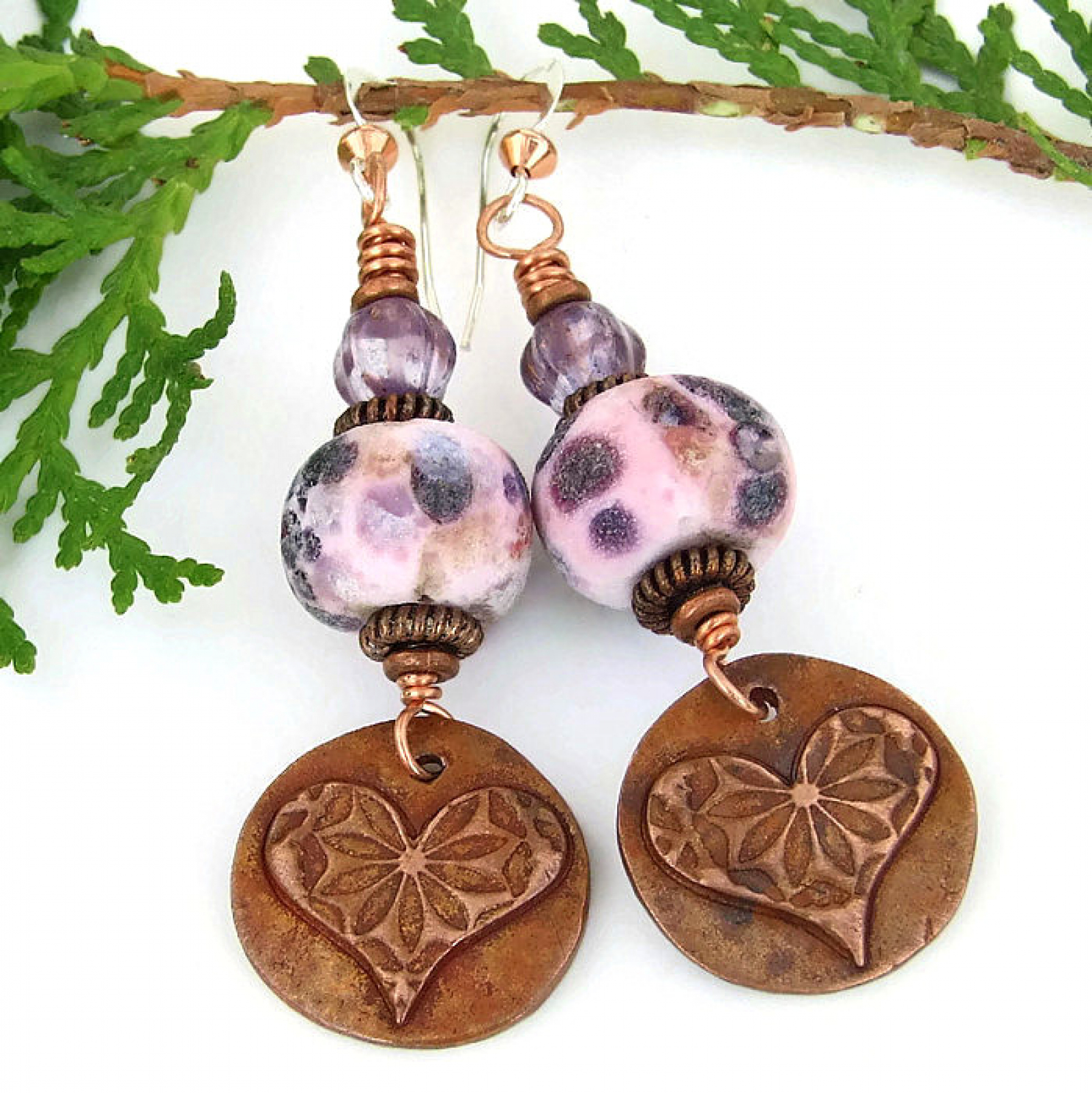 Hearts Flowers Valentines Earrings, Pink Lampwork Handmade ...