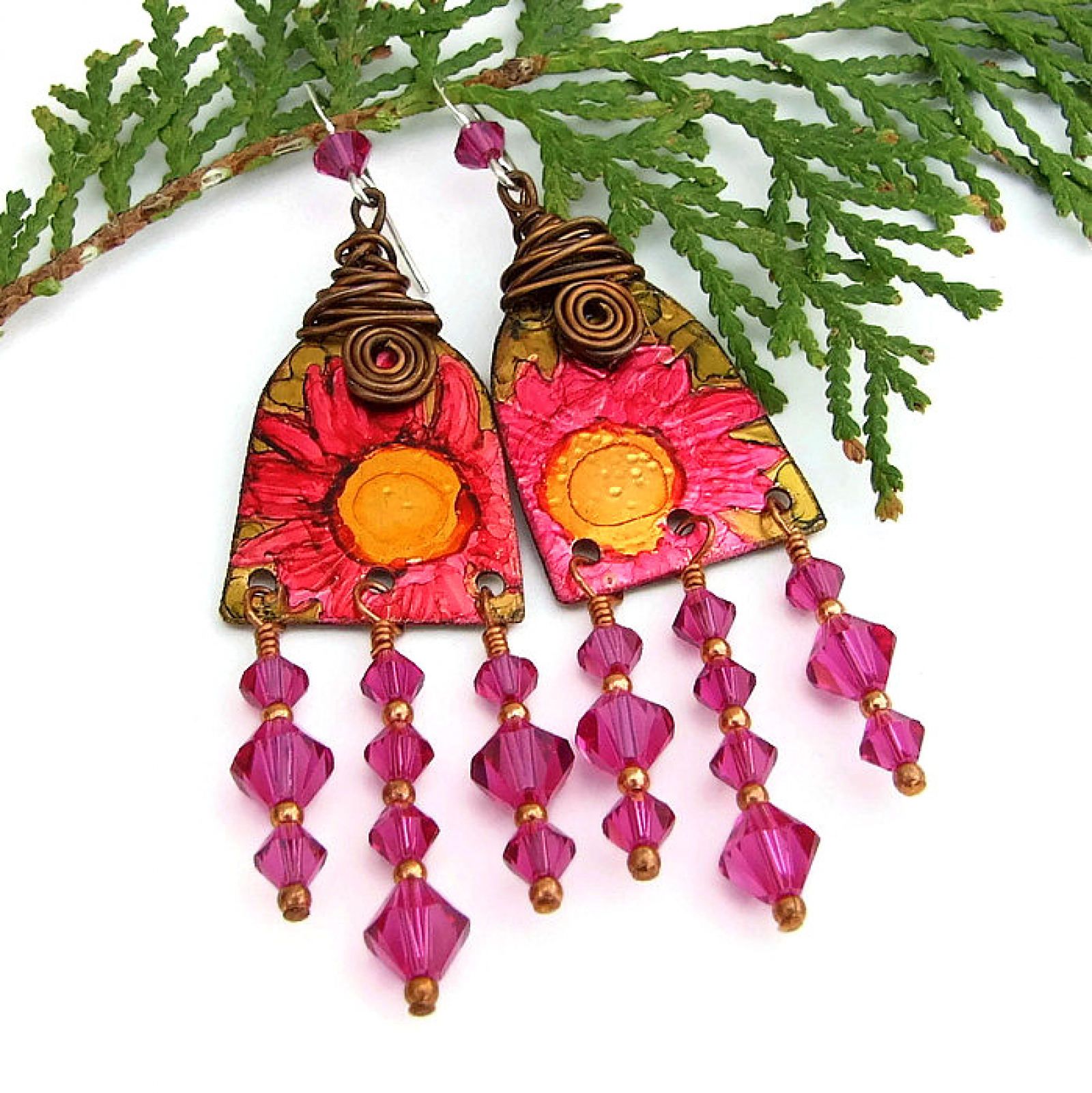 Fuchsia Flower Chandelier Earrings Swarovski Boho Handmade Jewelry Fuchsia Flower Chandelier Earrings Swarovski Boho Handmade Jewelry