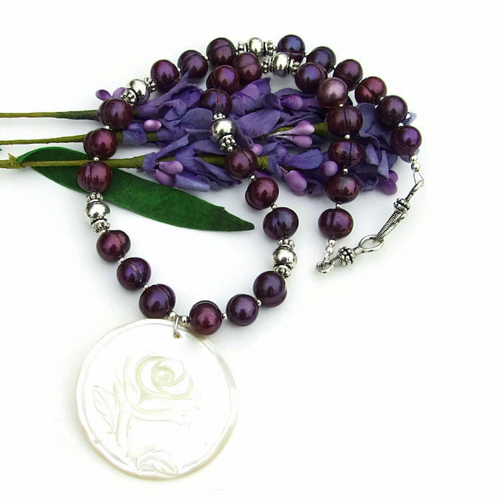 Mother of Pearl Rose Flower Necklace, Purple Pearls Handmade Jewelry