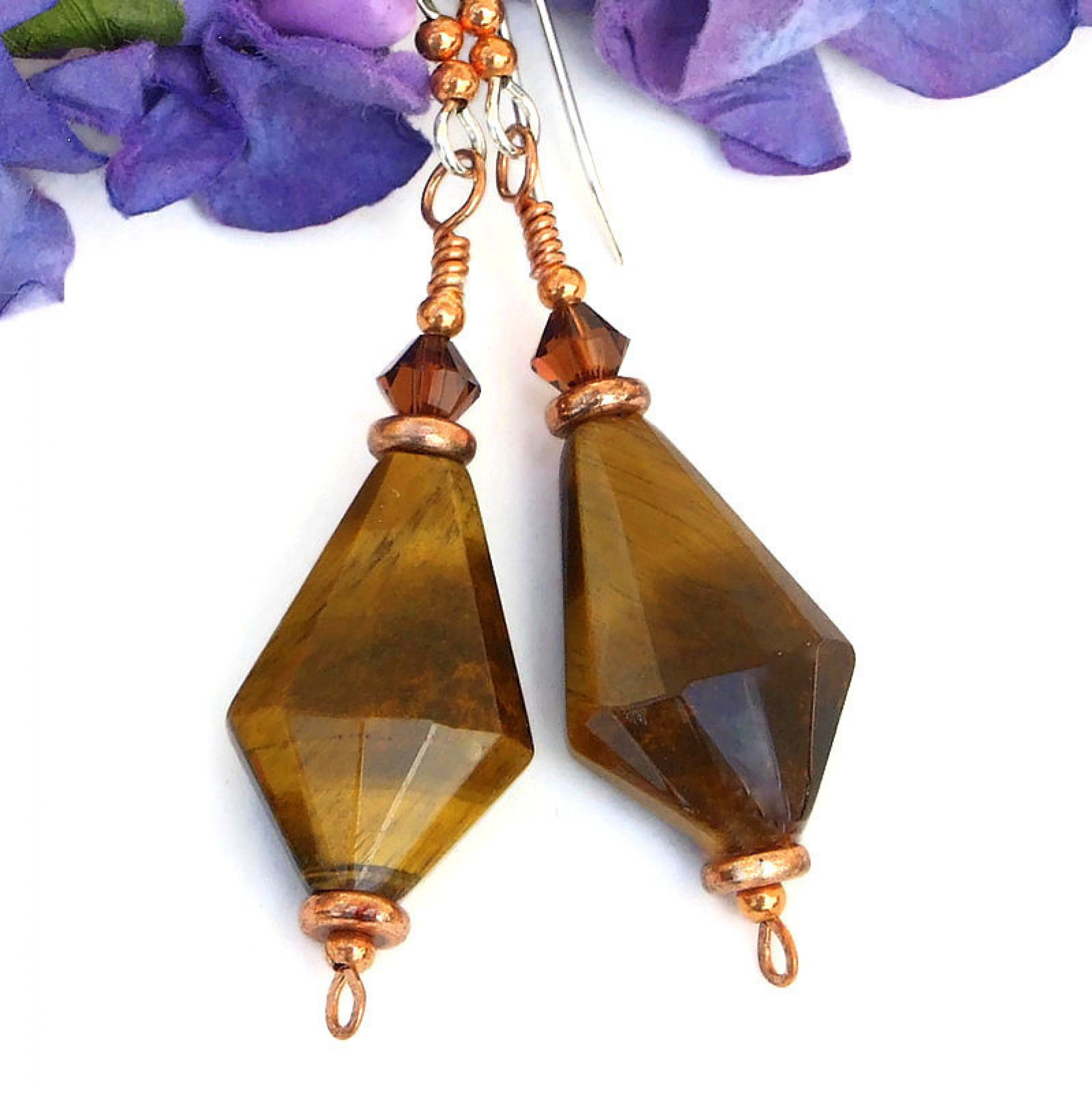 Golden Tigers Eye Earrings Gemstones Crystal Copper Handmade Jewelry 