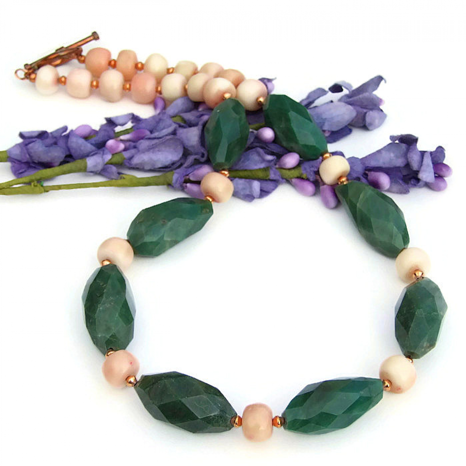 Green Aventurine Peach Coral Necklace Spring Summer Handmade Jewelry Shadow Dog Designs