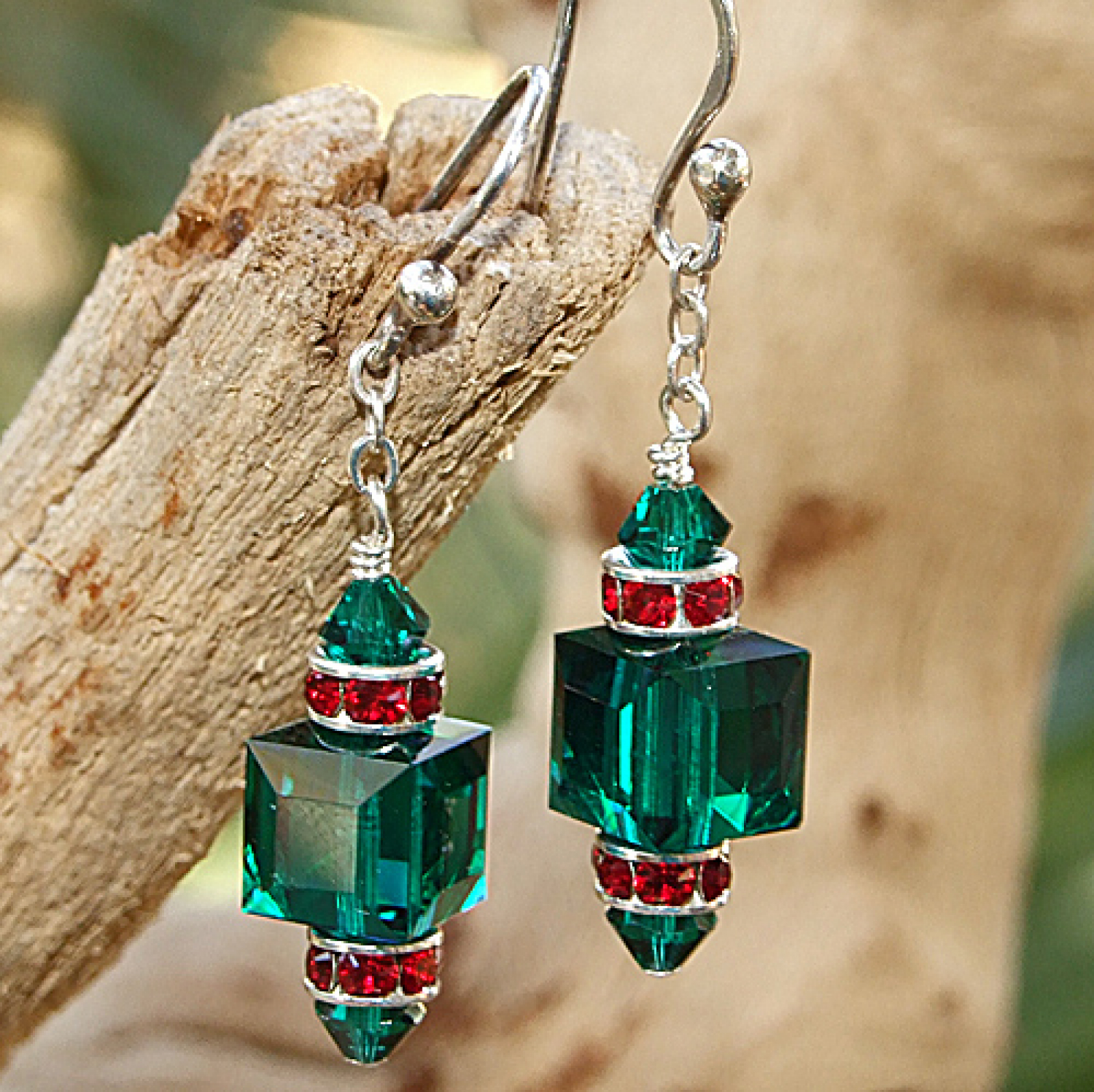 Green Red Swarovski Ornament Earrings, Christmas Holiday Jewelry Gift