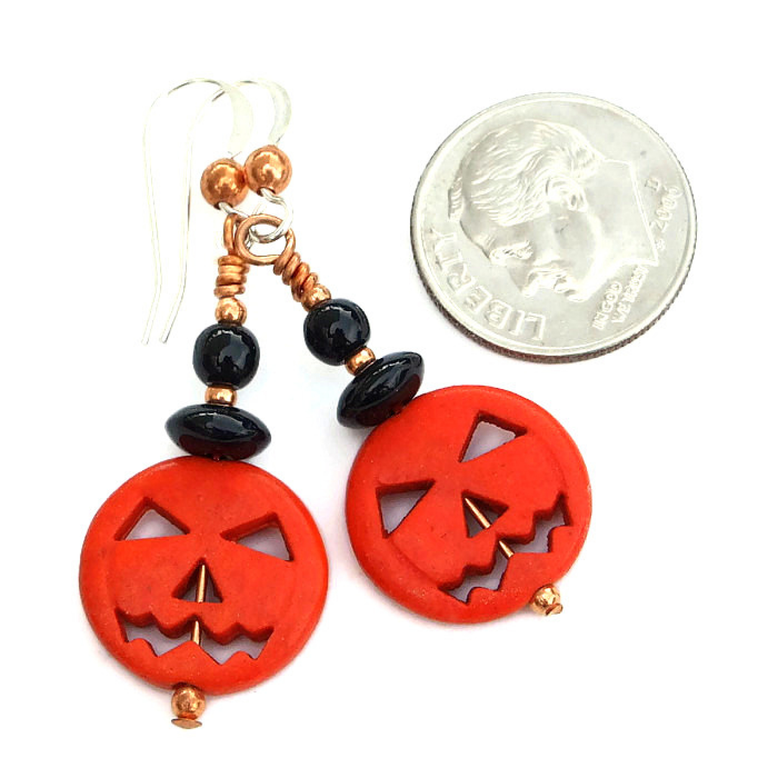 Halloween Pumpkin Earrings, Jack O Lantern Orange Black Copper Jewelry