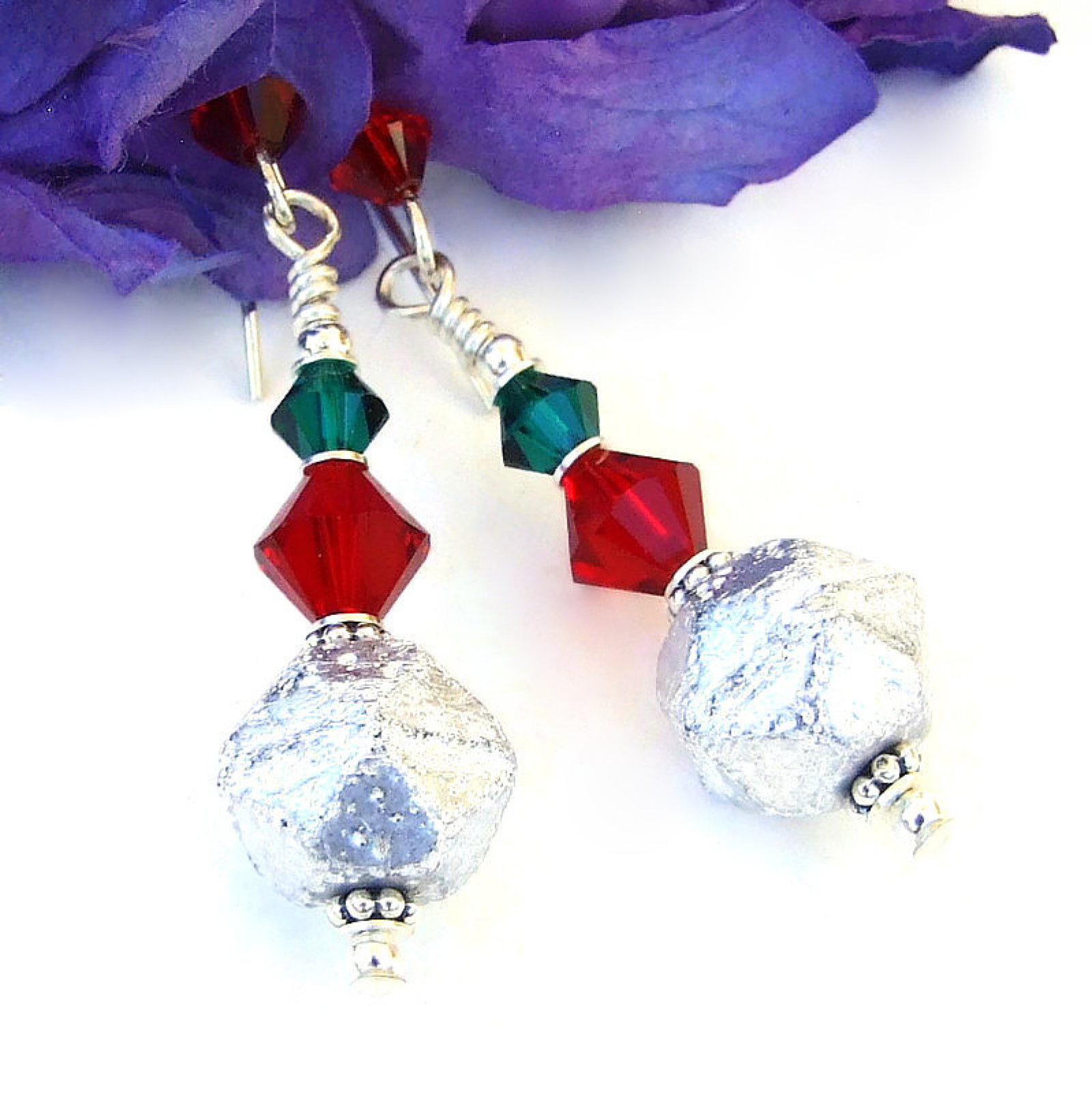 Christmas Holiday Earrings, Silver Red Green Crystals Handmade Jewelry  Shadow Dog Designs