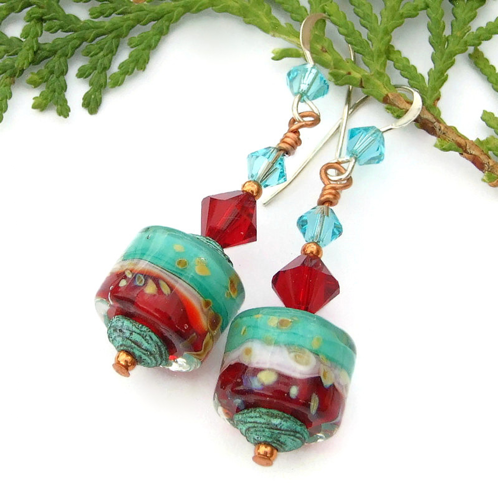 Turquoise Red Lampwork Earrings, Swarovski Crystals Handmade Jewelry ...