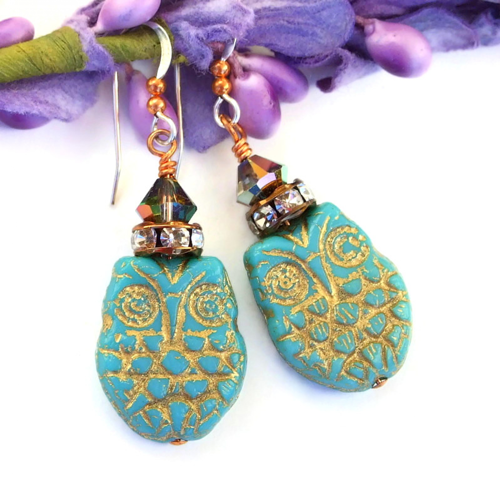 Turquoise Gold Owl Earrings, Swarovski Crystals Handmade Jewelry Gift