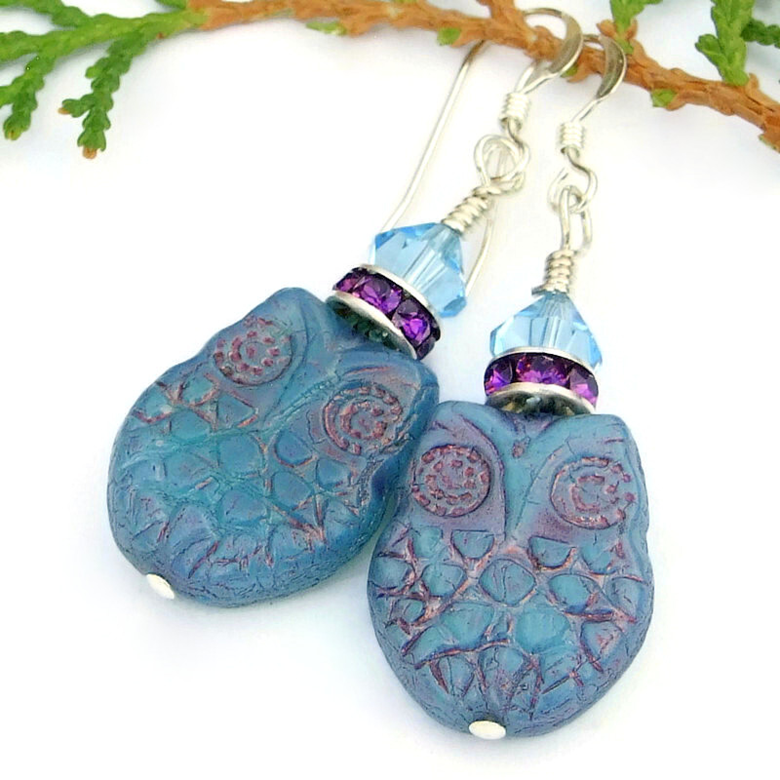 Owl Lover Earrings Blue Opal Amethyst Purple Handmade Jewelry Gift Shadow Dog Designs