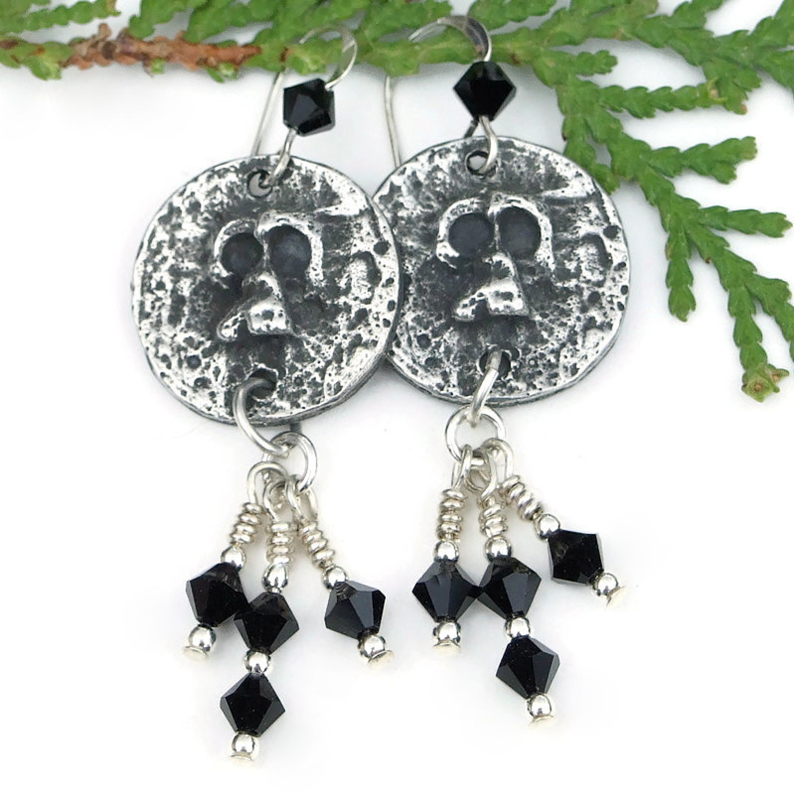Halloween Goth Skull Earrings Pewter Swarovski Handmade Gothic Jewelry Shadow Dog Designs