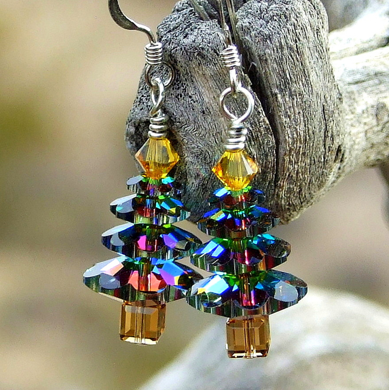 Christmas Tree Earrings Swarovski Crystals Handmade Holiday Jewelry Shadow Dog Designs
