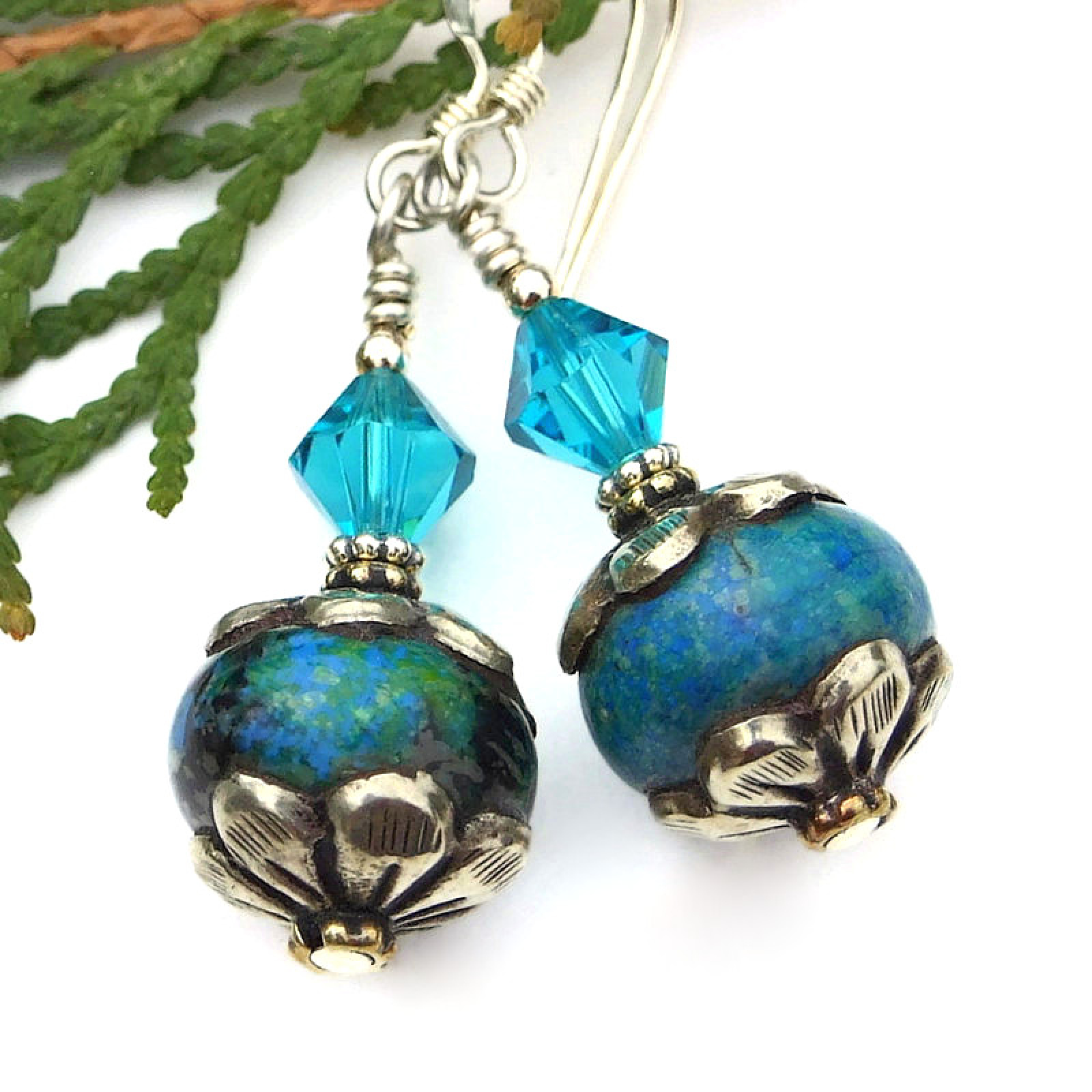Vintage Tibetan Azurite Bead Earrings Crystals Handmade Jewelry Gift 