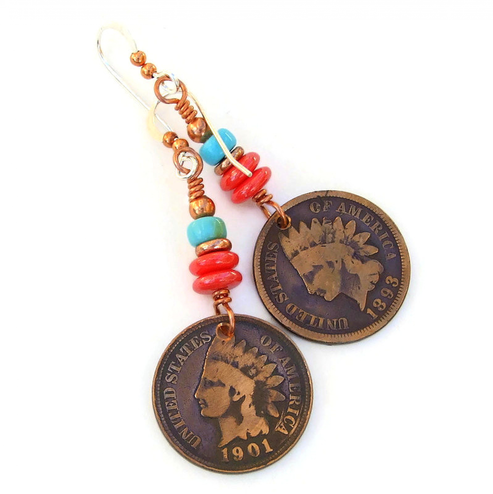 Indian Head Coin Earrings, Antique Copper Turquoise Handmade Jewelry