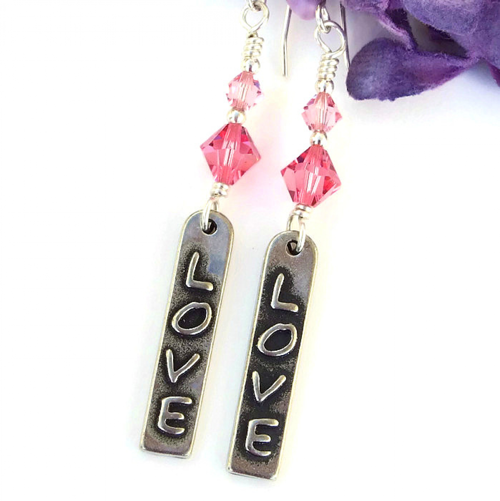 Love Word Earrings, Pink Swarovski Affirmation Jewelry ...