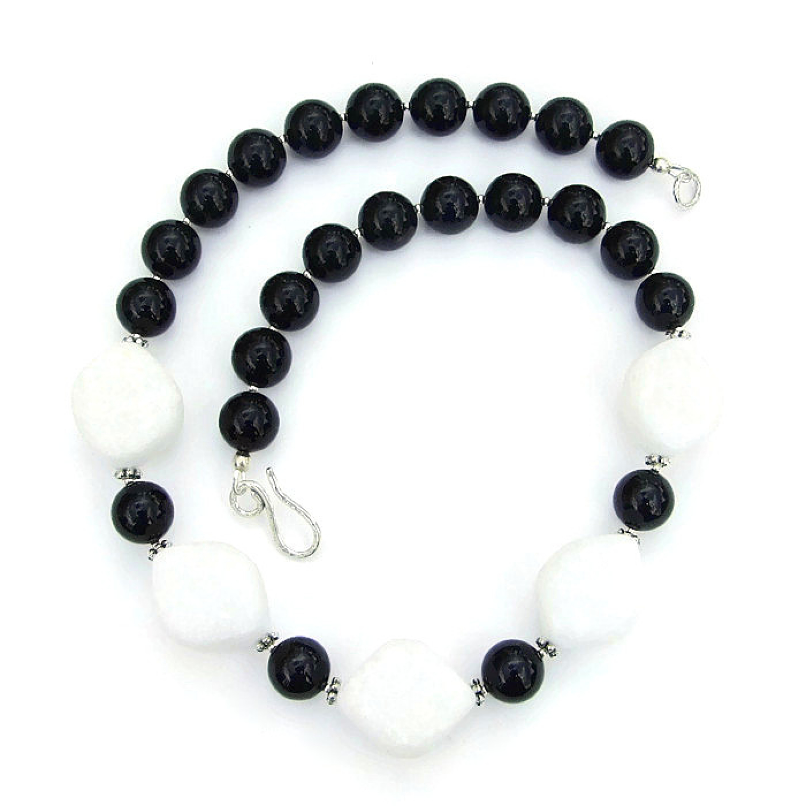 White Quartzite and Black Jade Necklace, Chunky Handmade Jewelty