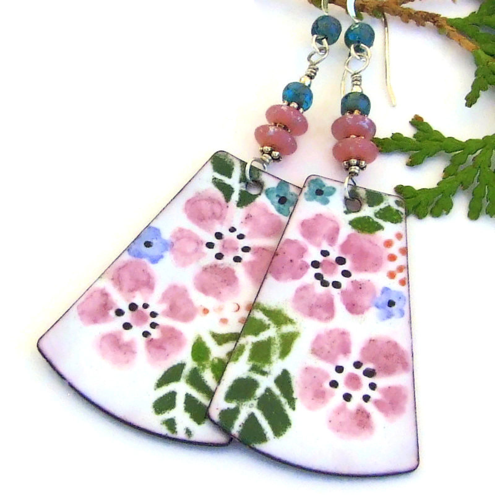 Pink Flowers Enamel Earrings White Blue Handmade Bold Dangle Jewelry Pink Flowers Enamel Earrings White Blue Handmade Bold Dangle Jewelry