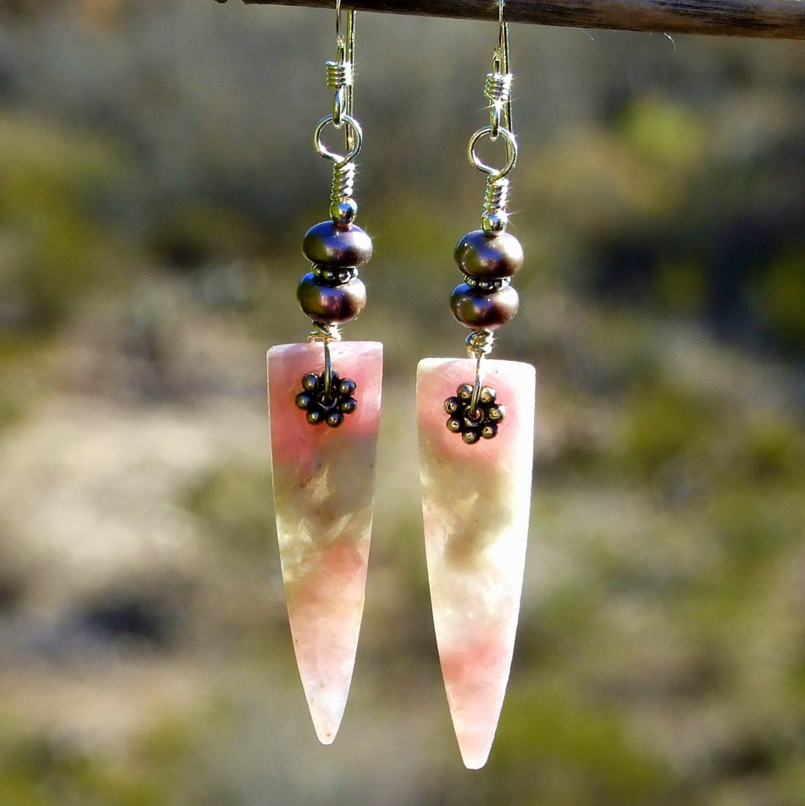 Pink Tourmaline Quartz Spike Earrings Pearls Handmade Gemstone Jewelry