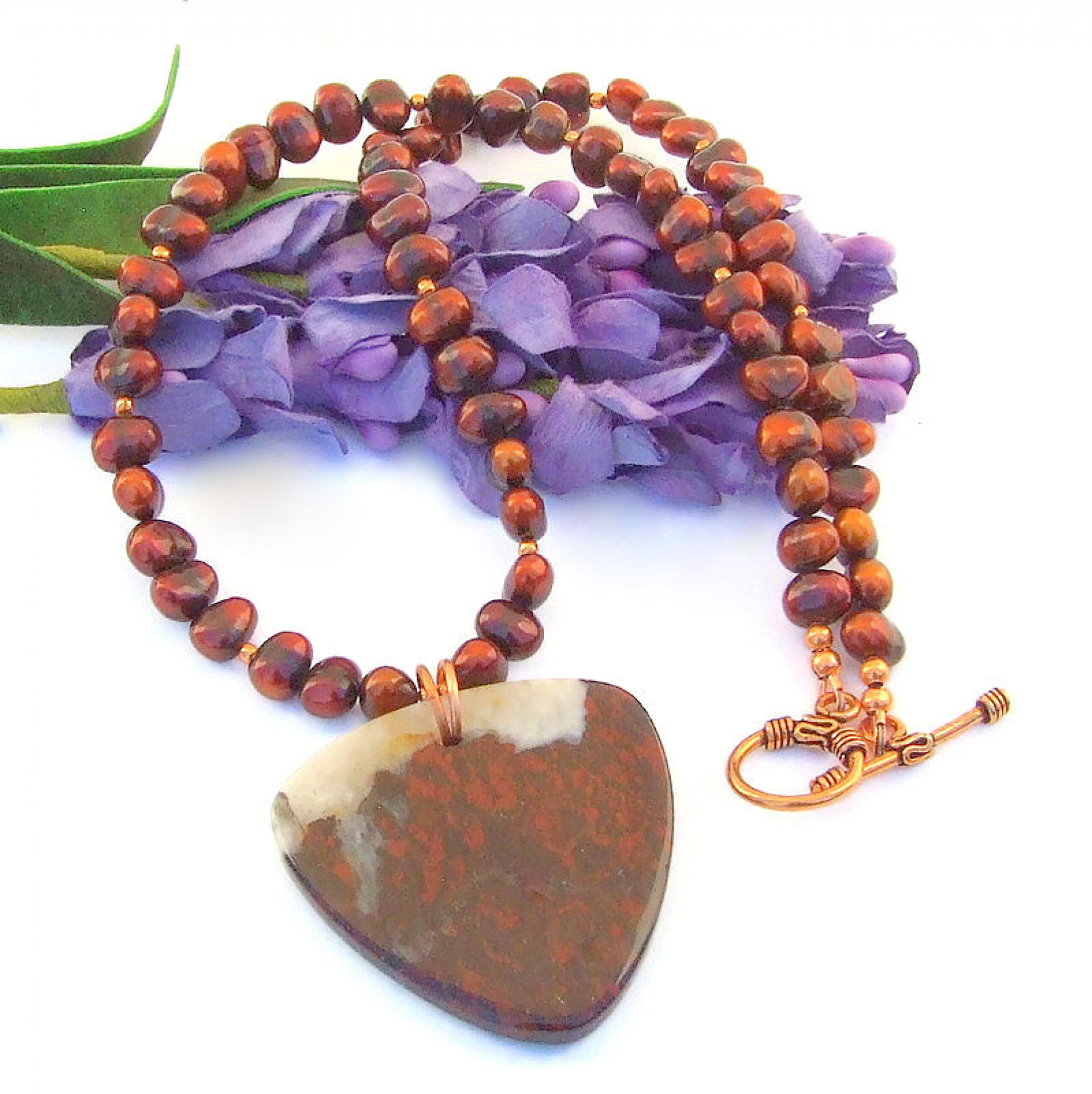 Red Poppy Jasper Gemstone Necklace, Pearls Copper Handmade Jewelry