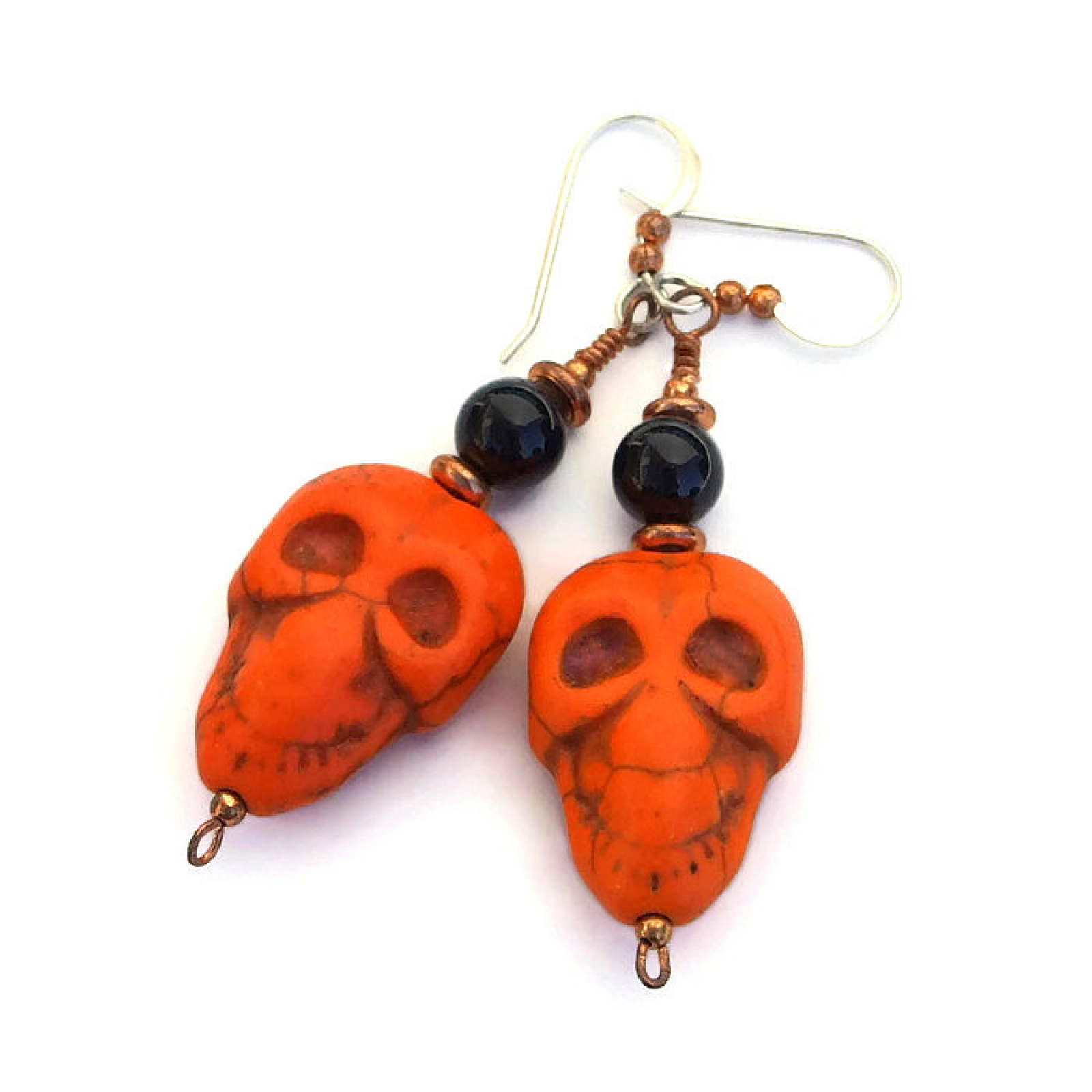 Halloween Orange and Black Skull Earrings, Day of the Dead Jewelry