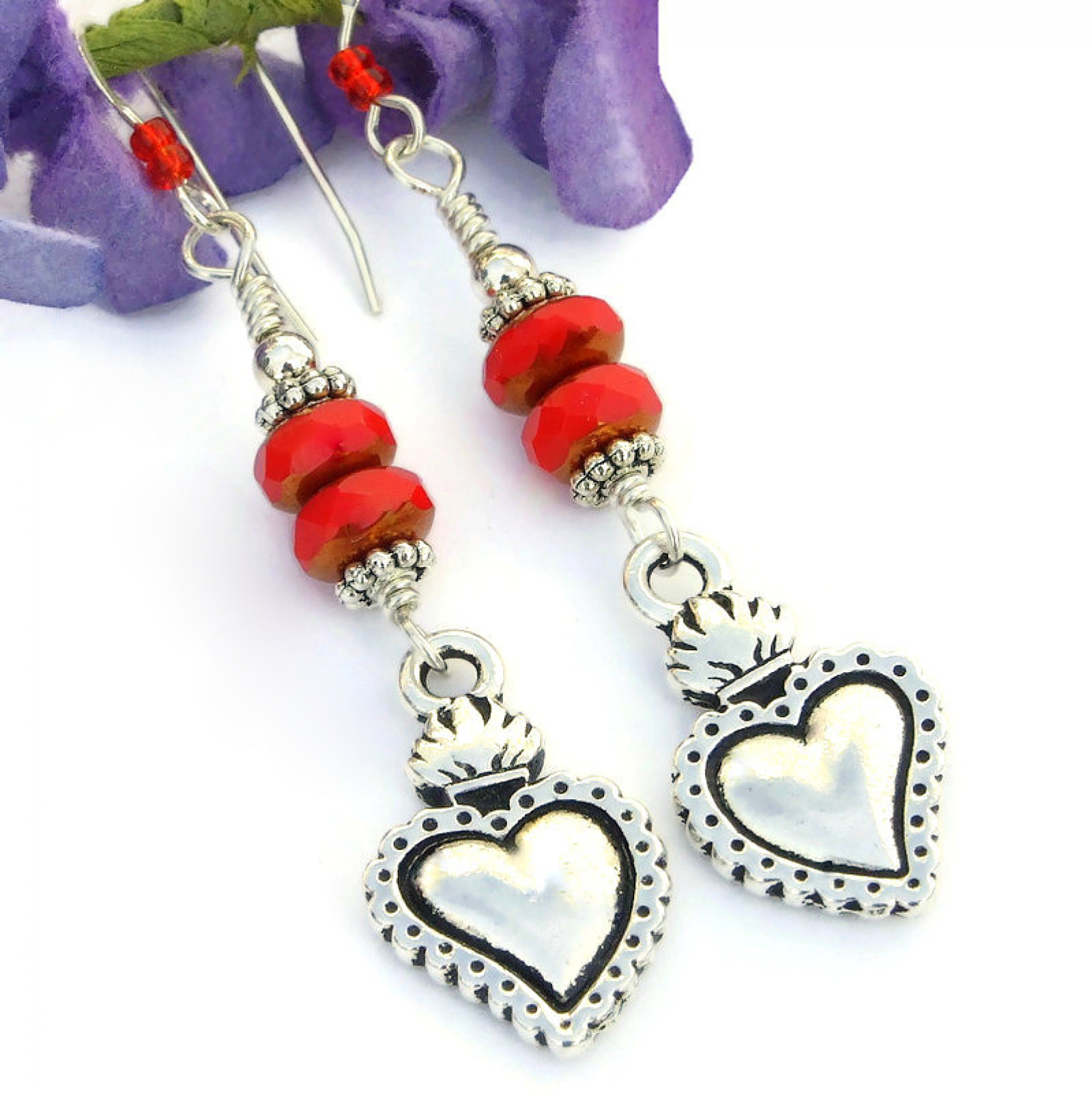 Red heart earrings, beaded heart earrings, Valentines day earrings