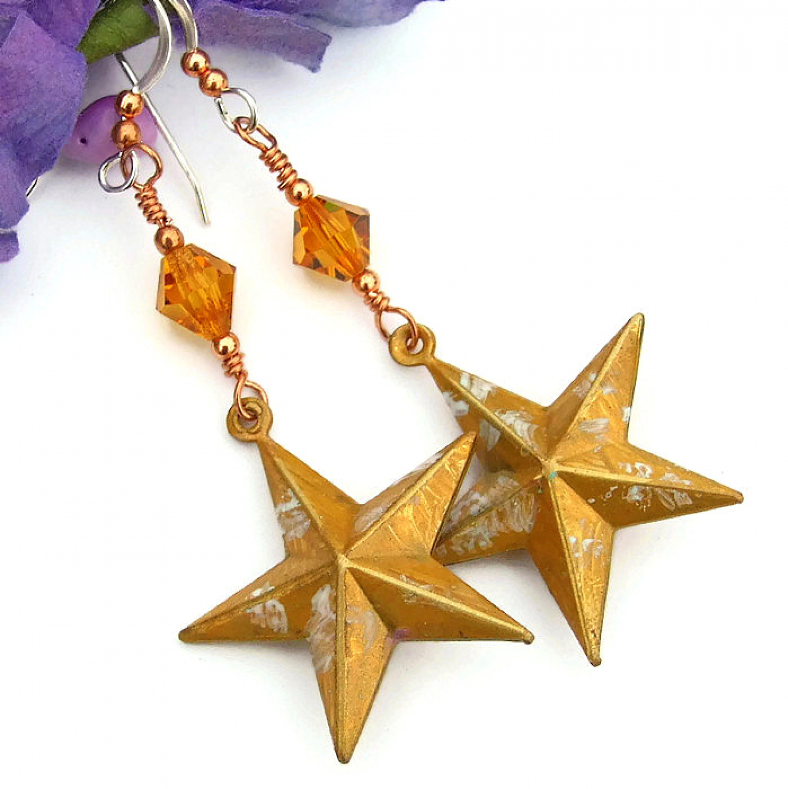 Rustic Texas Star Gold Earrings, Hand Painted Handmade Artisan Jewelry