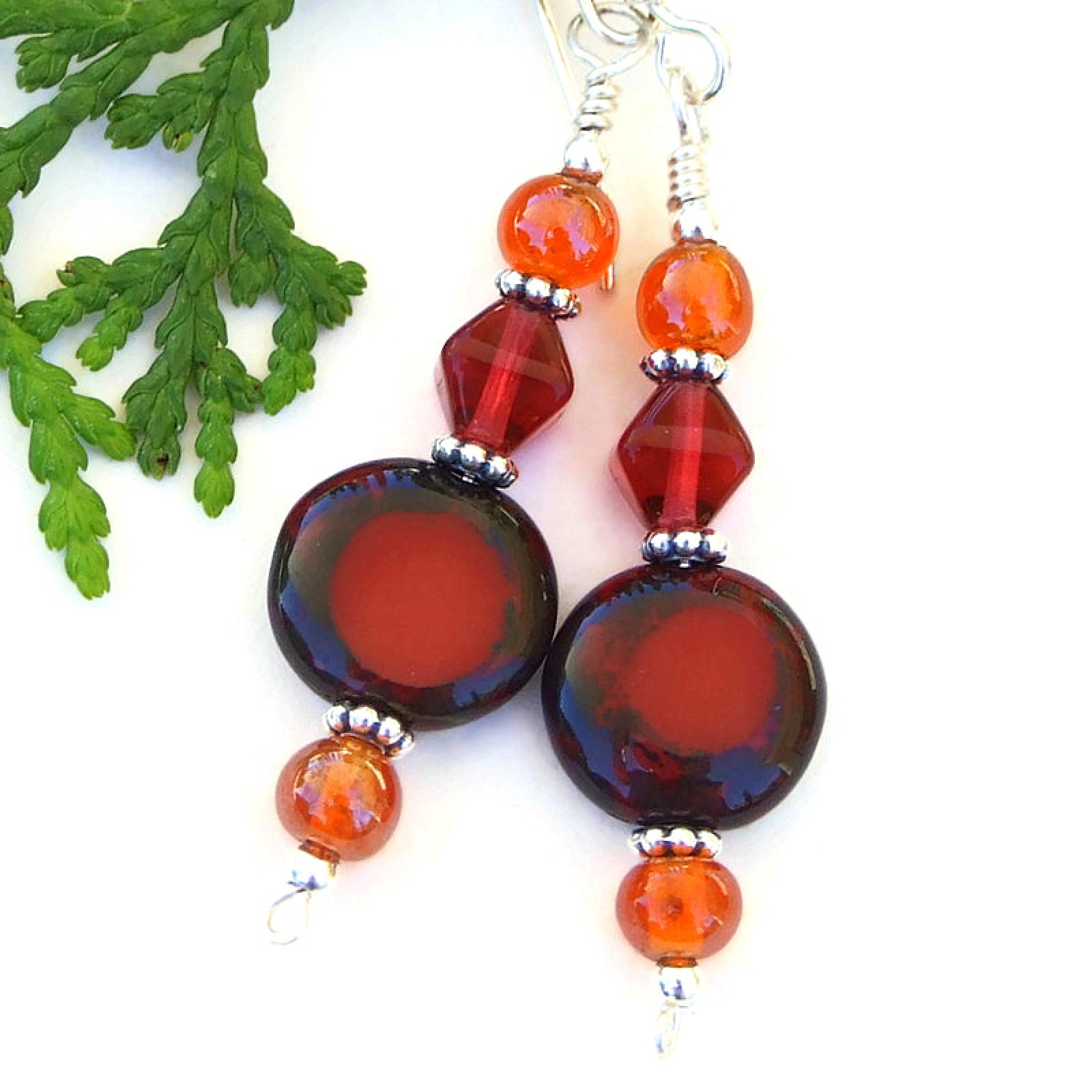 STERLING SILVER 925 EARRINGS Red CRYSTAL Green CZECH GLASS FLOWER Handmade