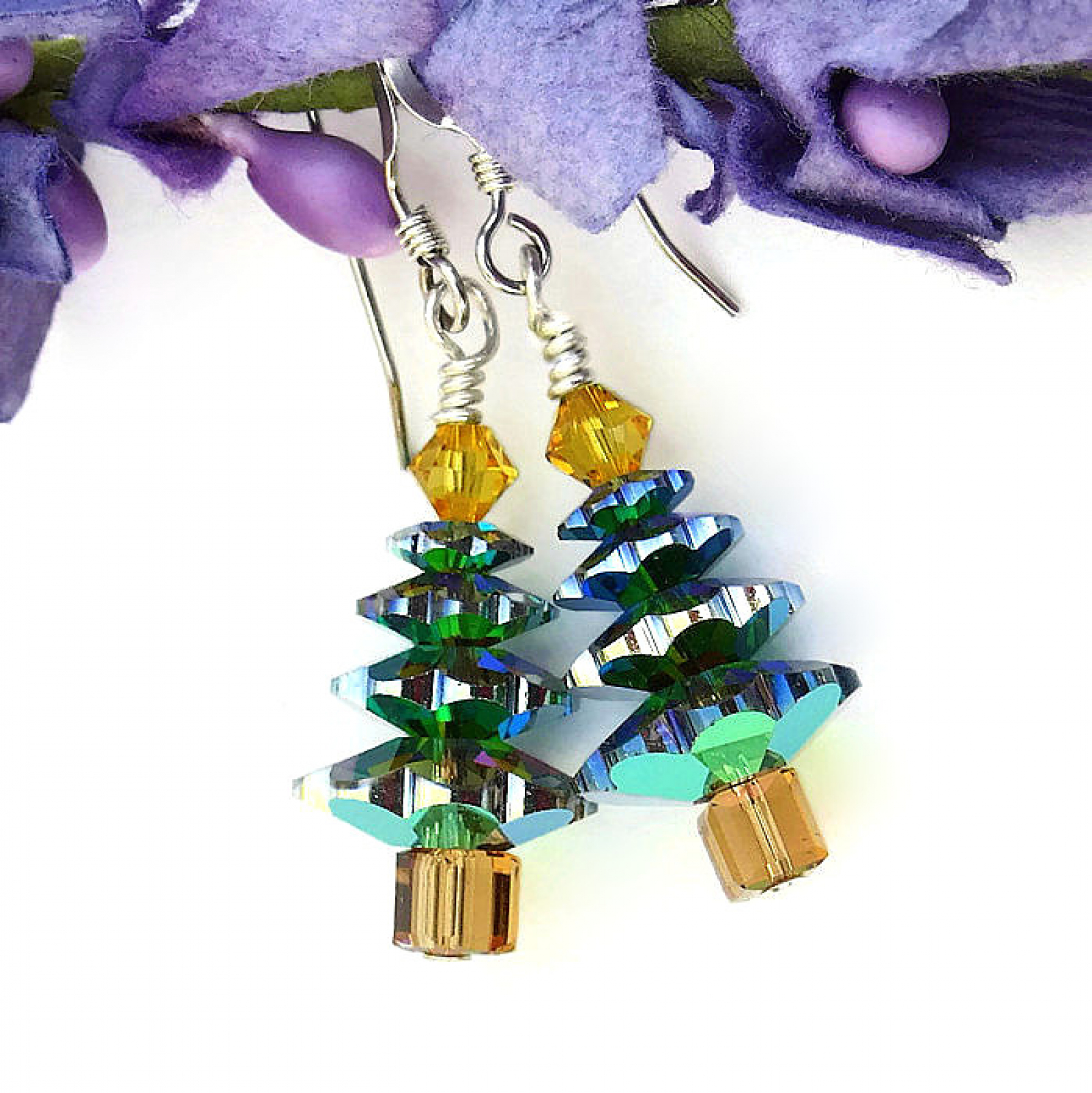 Christmas Tree Earrings, Swarovski Crystals Handmade Holiday Jewelry