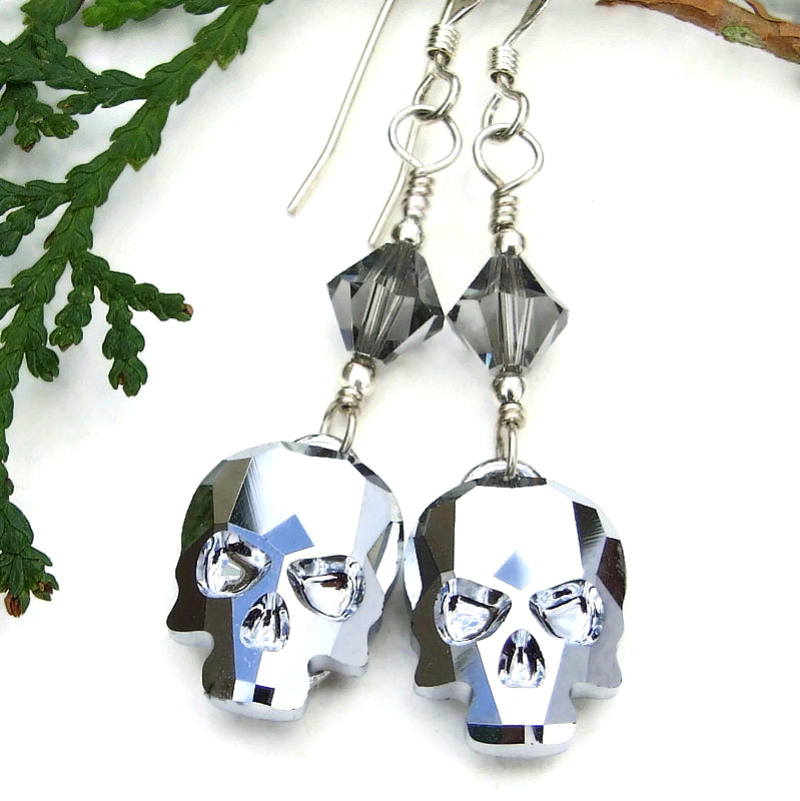 Silver Skulls Earrings Swarovski Day Of The Dead Halloween Jewelry Shadow Dog Designs