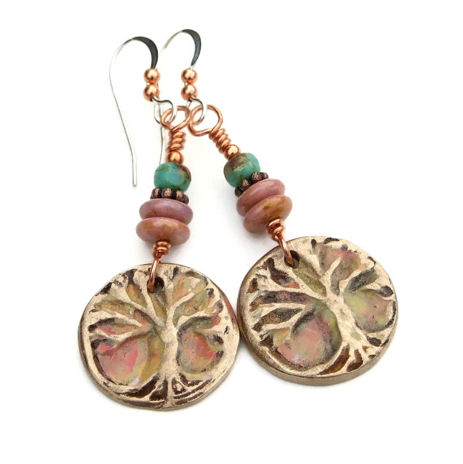 Tree Of Life Yggdrasil Earrings Painted Bronze Handmade Jewelry Gift Shadow Dog Designs