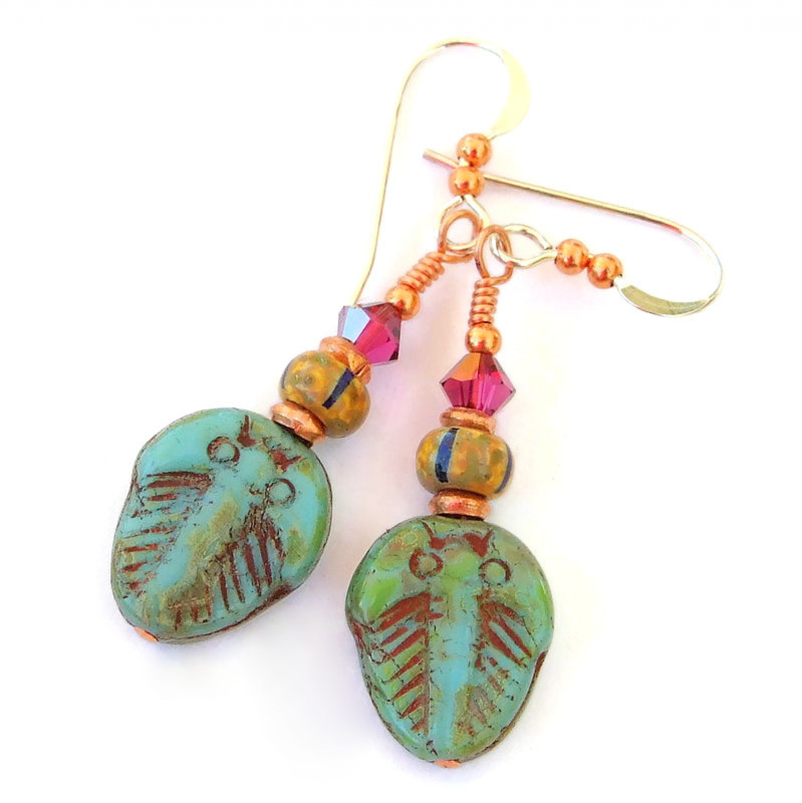 Trilobite Earrings, Turquoise Tan Fuchsia Swarovski Handmade Jewelry ...