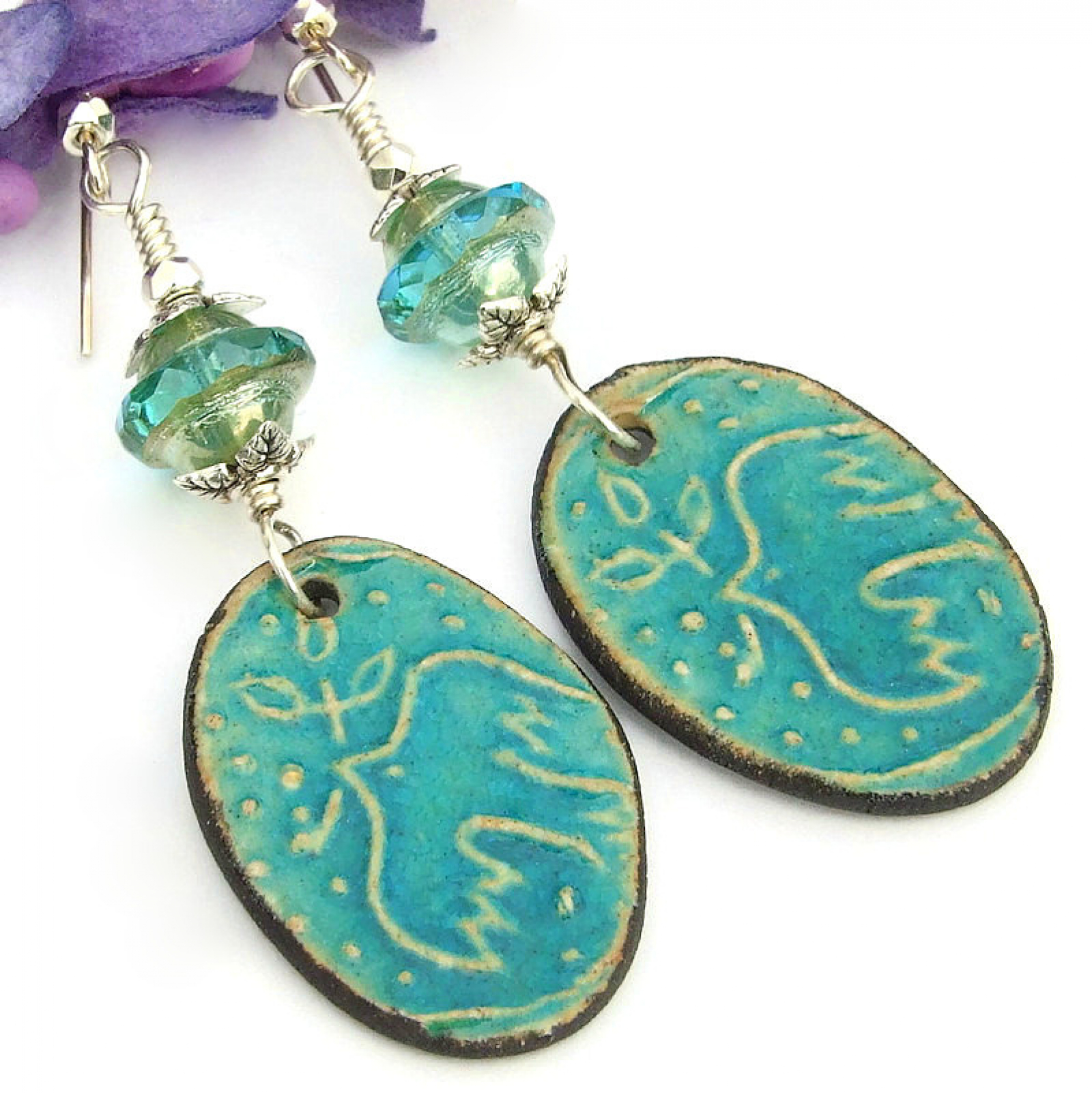 Peace Doves Earrings Rustic Ceramic Turquoise Boho Handmade Jewelry Shadow Dog Designs