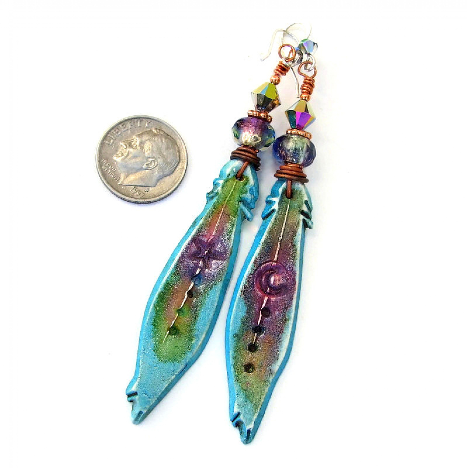 Feather Moon Star Earrings, Boho Turquoise Purple Handmade Jewelry | Shadow Dog Designs