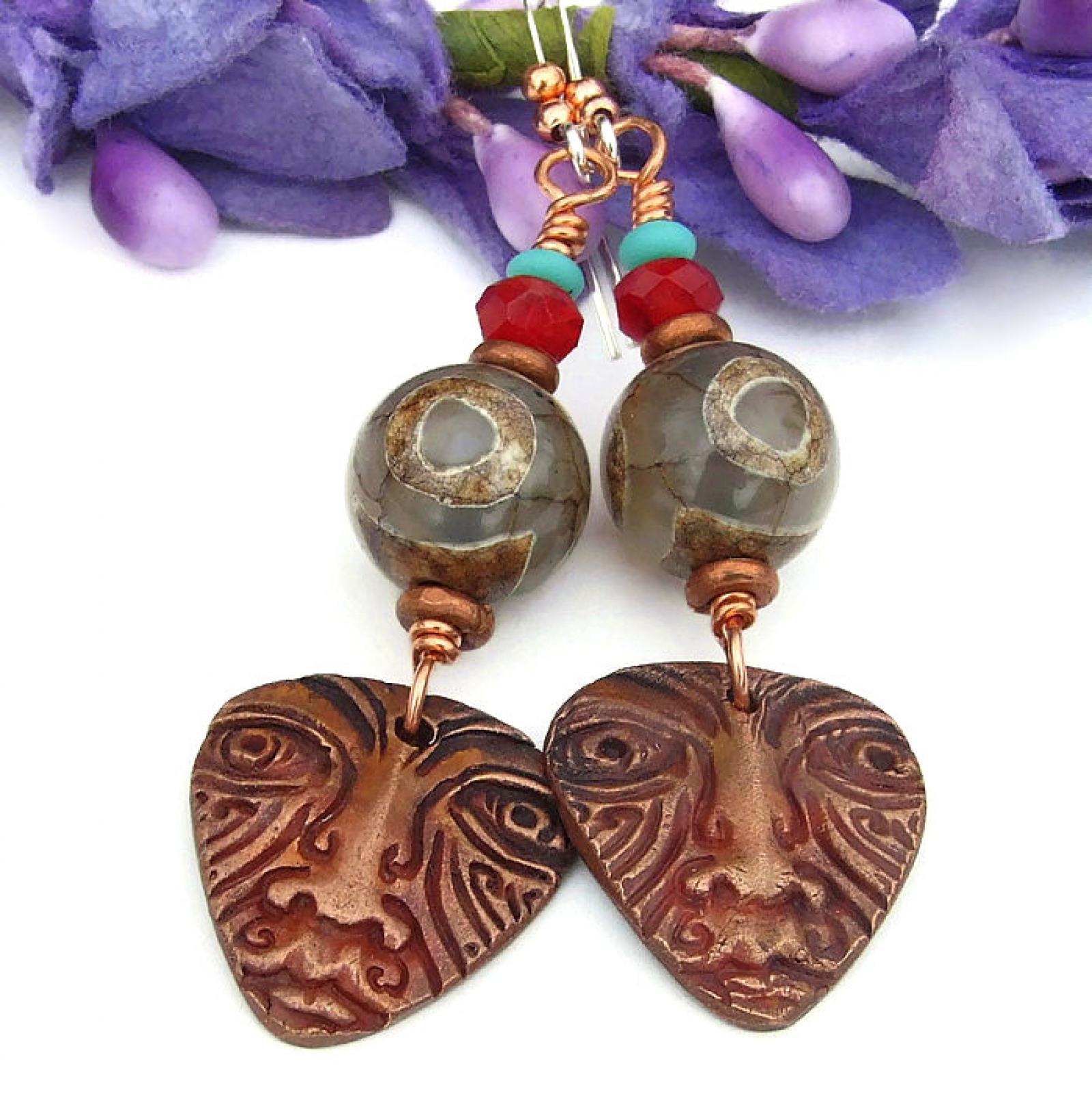 Tribal Mask Face Earrings, Tibetan Eye Agate Boho Handmade Jewelry ...