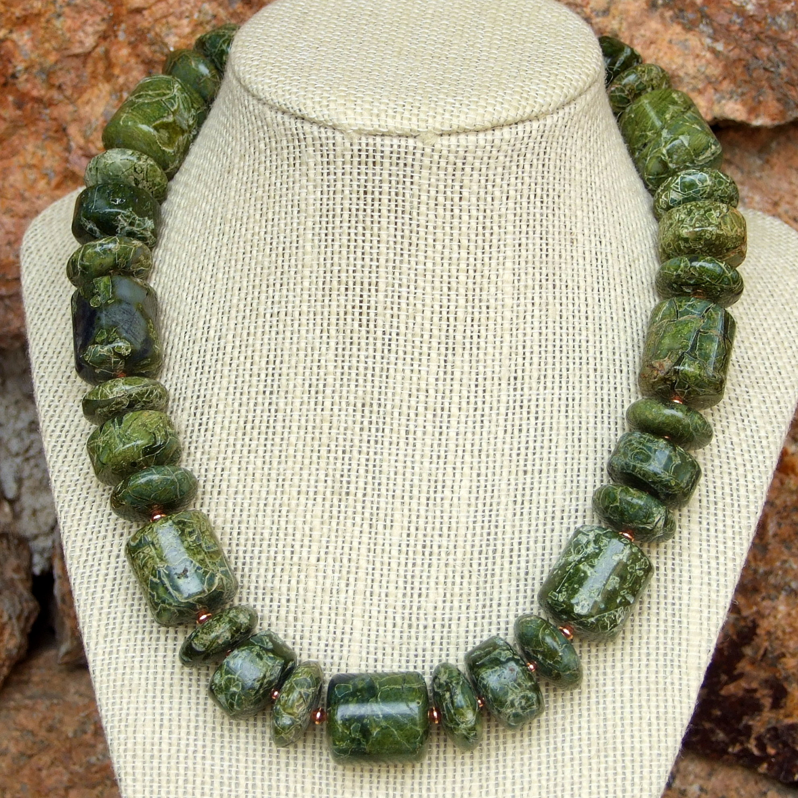 Green Serpentine Chunky Necklace, Handmade Gemstone Jewelry Women