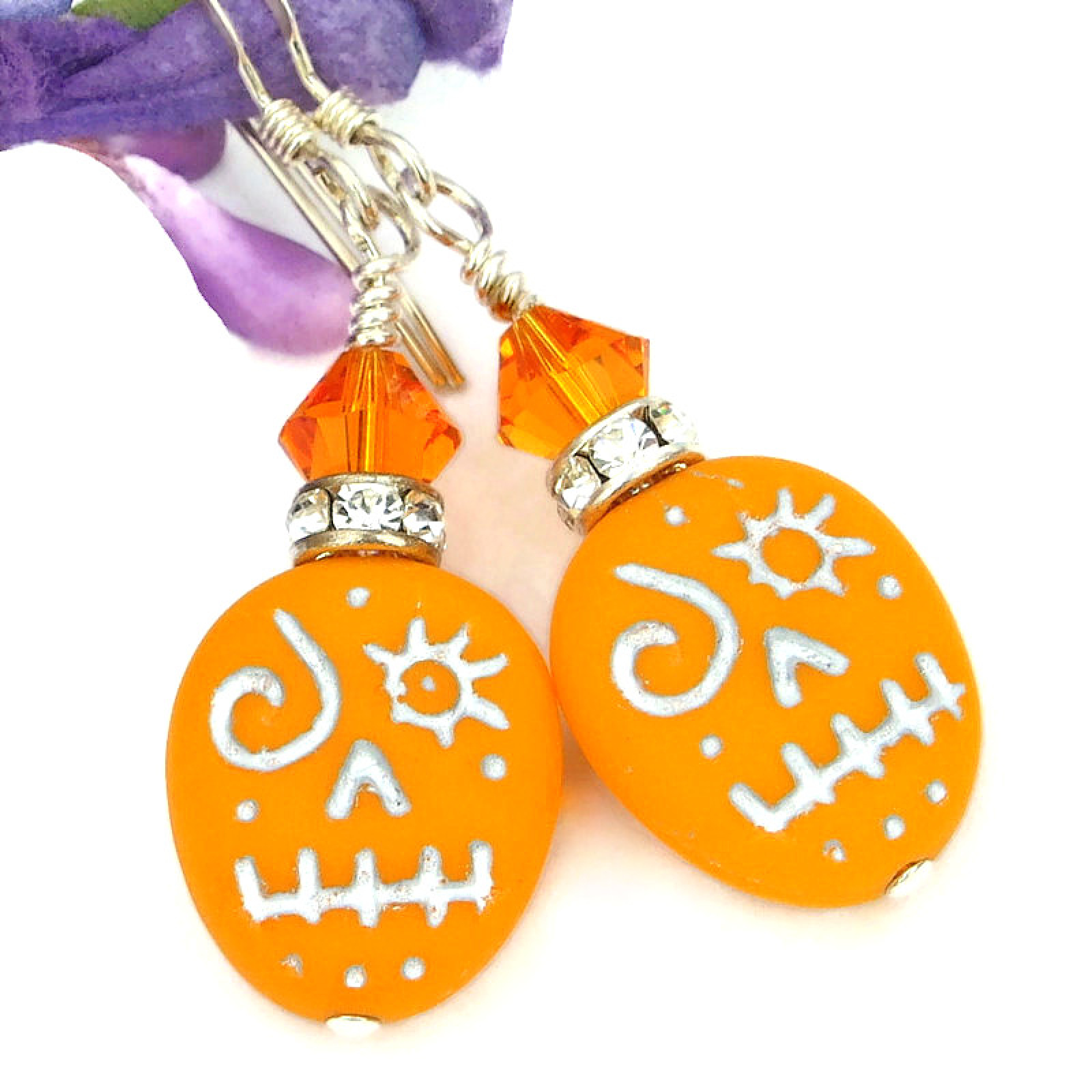 Halloween Voodoo Skull Earrings, Orange Silver Handmade Scary Jewelry