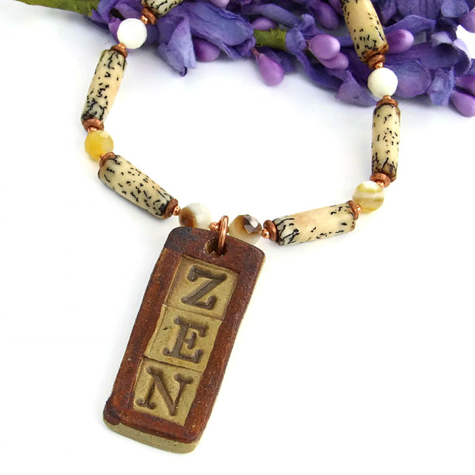 Zen Necklace, Handmade Pendant Palm Wood Mother of Pearl Yoga Jewelry