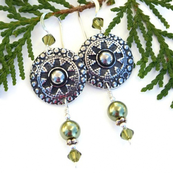 ELEGANTE - Bali Style Pewter Flower Shield Handmade Earrings, Swarovski Pearl Khaki bali_style_pewter_flower_shield_handmade_earring_swarovski_pearl_khaki_b767c889.jpg