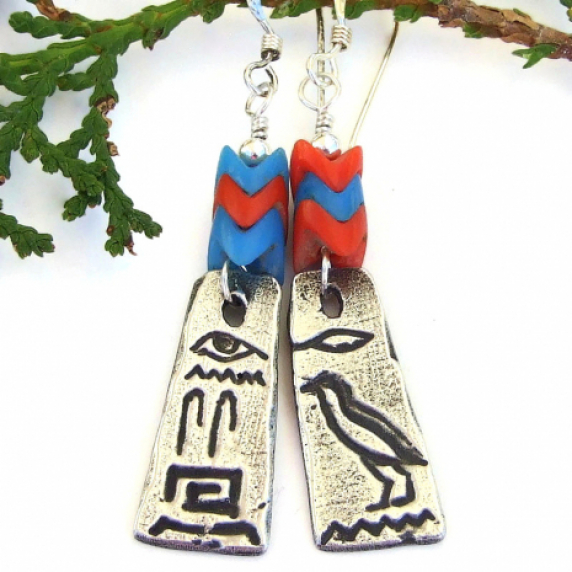 ANCIENT SCRIBES - Hieroglyph Earrings, Vintage Glass Snake Vertebrae Handmade Jewelry hieroglyphs_and_glass_snake_vertebrae_dangle_jewelry_gift_for_her.jpg