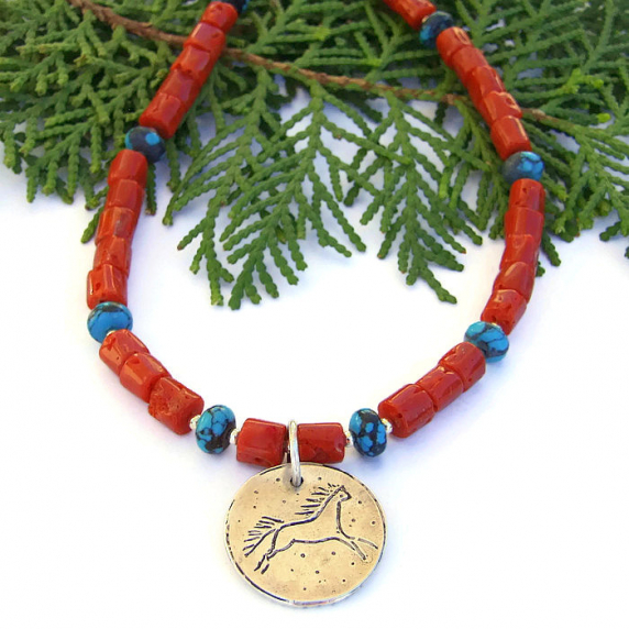 "Running Wild" Sterling Horse Pendant Necklace, Vintage Red Coral