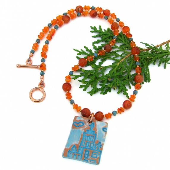 SAGRADA - Southwest Church Cross Necklace, Terracotta Carnelian Handmade Jewelry unique_ceramic_church_pendant_and_carnelian_handmade_necklace.jpg